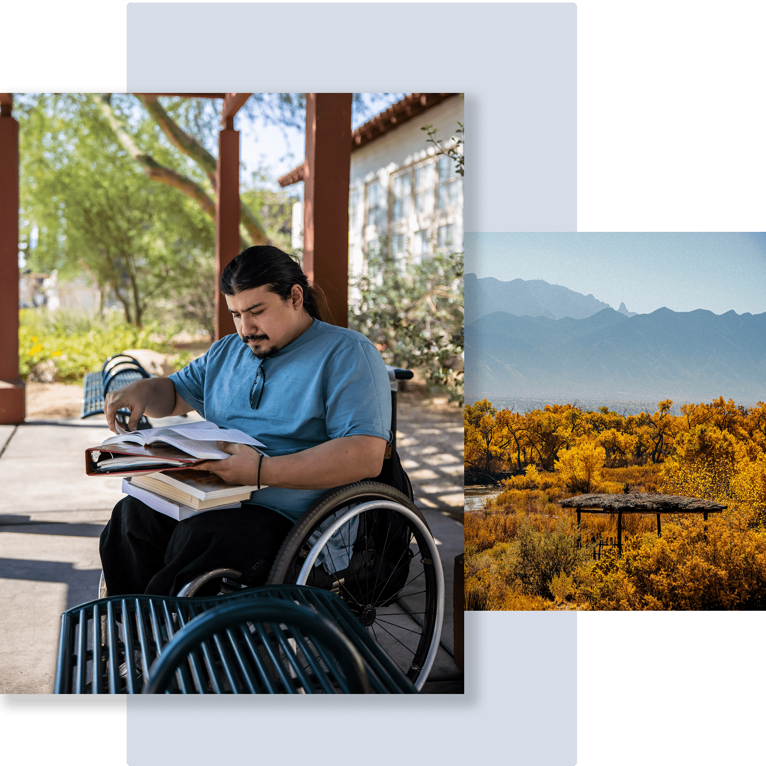 man in wheelchair looking at books paperwork